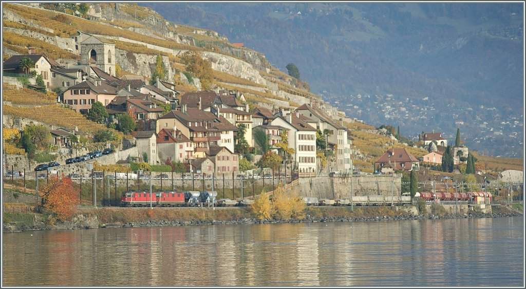 Zwei SBB Re 4/4 II mit einem G�terzug bei St-Saphorin.
4. Nov. 2010