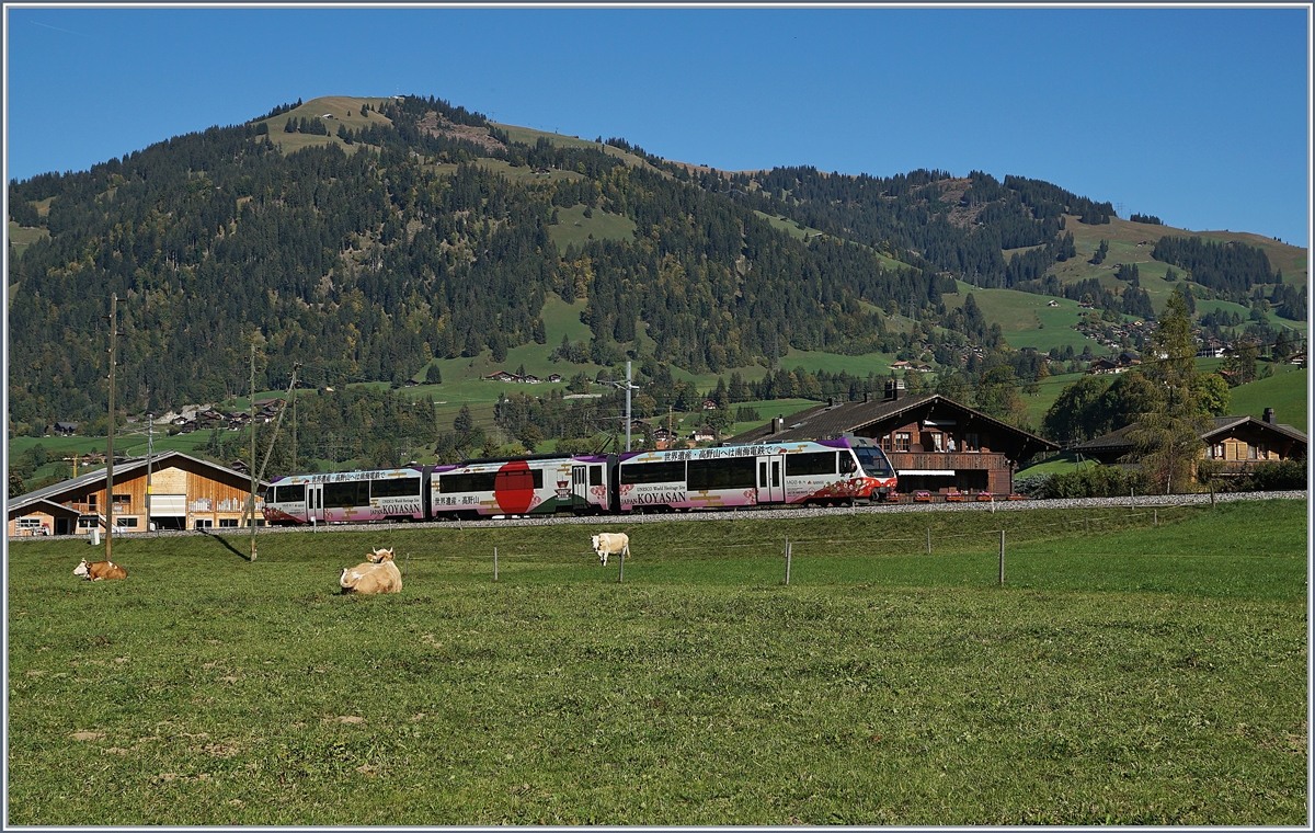 Bei Gstaad ist ein  Lenker-Pendel  (Bt/Be 4/4 ABT) auf der Fahrt nach Zweisimmen. 

5. Okt. 2020