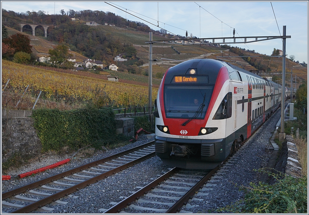 Der RABe 511 103 auf der Fahrt nach Genève erreicht in Kürze Lutry.
3. Nov. 2017  