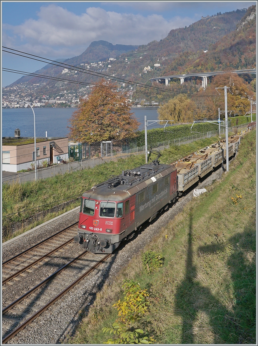 Die SBB Cargo Re 4/4 II 11243 (Re 420 243-8)  Wartung mit Durchblick  erreicht mit einem Güterzug den Bahnhof von Villeneuve. 

14. Nov. 2024