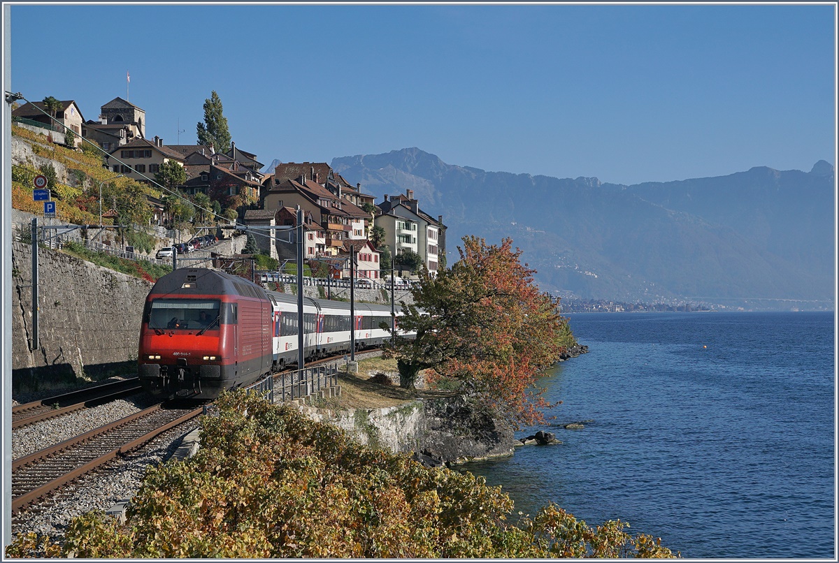 Die SBB Re 460 044-1 ist mit einem IR bei St-Saphorin auf der Fahrt nach Genève Aéroport. 

25. Okt. 2018