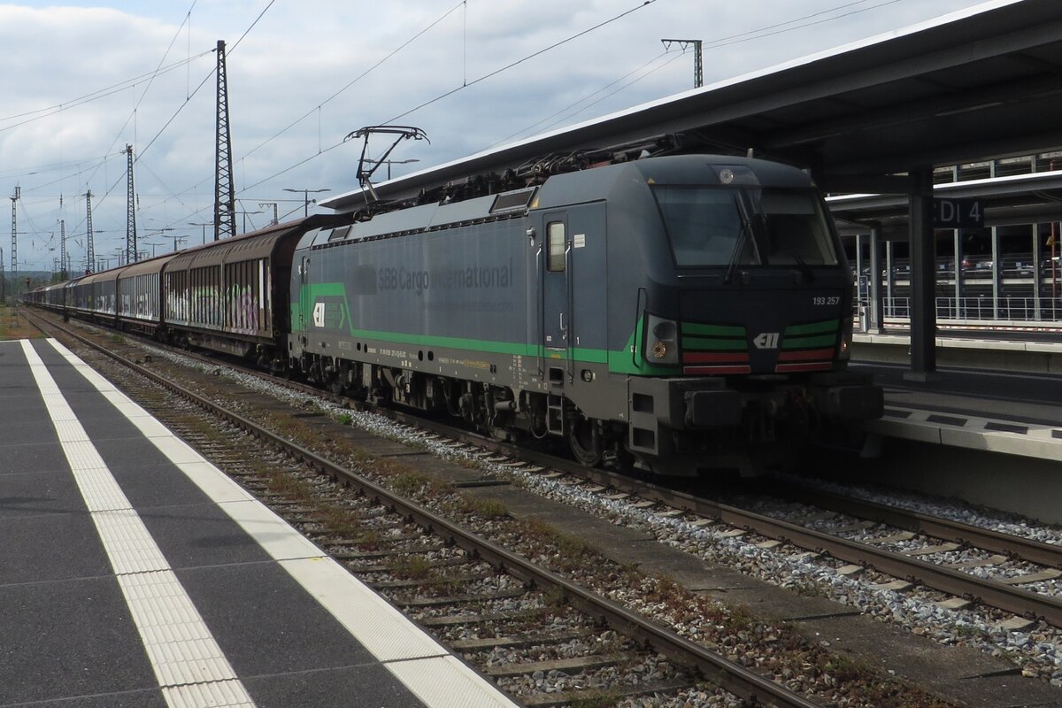 Die Umwelt zuliebe? TX Log 193 257 zieht am 17 Mai 2023 ein Leerm�llzug durch Donauw�rth nach Italien. Anfang 2023 wurde ein Kontrakt zwischen ein M�llverbrennungsbetrieb in Amsterdam (NL) und die Stadt Rom (IT) gezeignet wobei Tonnen M�ll aus Rom in die Niederlande verschickt werden nachdem ein grosser M�llsturzplatz bei Rom geschlossen wurde. 