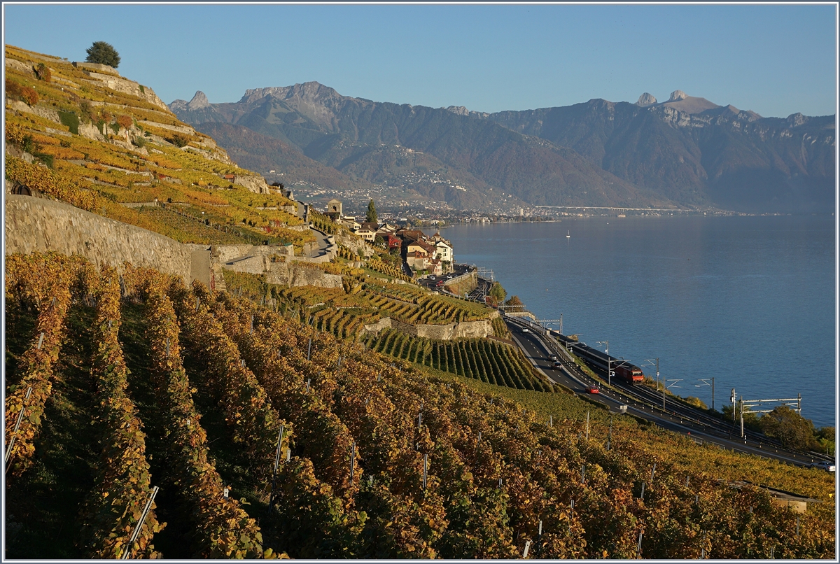 Im Lavaux, bei St-Saphorin ist nur ganz versteckt am unteren Bildrand eine SBB Re 460 die mit ihrem IR auf der Fahrt nach Lausanne ist, zu erkennen. 

16. Okt. 2017
