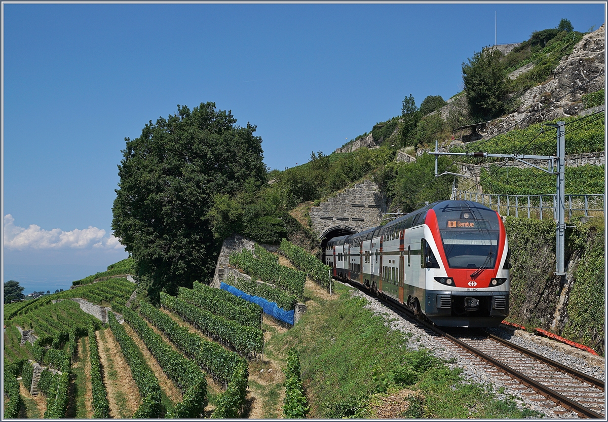 Infolge Grundsanierung und der damit verbundenen Sperrung der Strecke (Bern-) - Puidoux- Lausanne verkehrten nach einem Ersatzfahrplan (SBB Sommerfahrplan 2018) IR Züge von Genève nach Fribourg via Vevey, im Bild ist ein solcher auf der  Train des Vignes (Rebbergstrecke) zu sehen.  

19. Juli 2018
