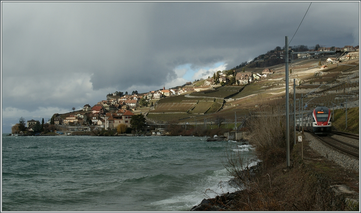 Sturm am Genfersse, als ein RABe 511 bei Rivaz Richutung Genf unterwegs sit.
5. Feb. 2013