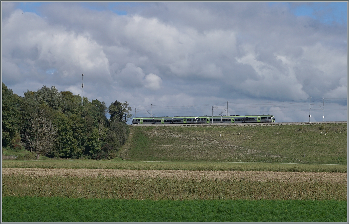 Zwei BLS RABe 525  NINA  sind als S 5 15545 von Kerzers nach Bern bei G�mmenen unterwegs.

5. Okt. 2024