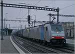 Die 186 498 (Railpool) und die BLS 475 417 warten mit einem Transitg�terzug in Spiez auf die baldige Weiterfahrt nach Basel.