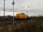 V100 (BR 203) der SGL bei Gleisarbeiten im Bahnhof Nordhausen (Der Bagger im Hintergrund bel�dt die Flachwagen mit Altschotter) am 18.12.2012