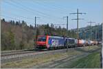 Mit der SBB Re 474 016 und einer weiteren Lok dieser Baureihe erreicht ein nach Süden fahrender Güterzug Mülenen. 

14. April 2021