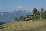 Die MOB Ge 4/4 8002 ist mit ihrem GPX bei Les Avants auf dem Weg in Richtung Interlaken Ost, wobei ab Zweisimmen eine BLS Re 465 den Umspurzug übernehmen wird.