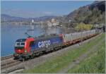 Die gemietete SBB Cargo Re 193 056 ist kurz vor Villeneuve mit einem Güterzug auf dem Weg in Richtung St-Maurice.